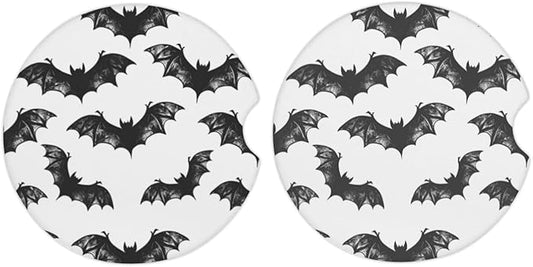 Cup Holder Coaster for Car, 2 Pack Car Coasters for Cup Holders, Cork Base Car Cup Coasters for Drinks, Universal Funny Car Accessories Halloween Decorations Table Coaster Home Decor (Bat White)