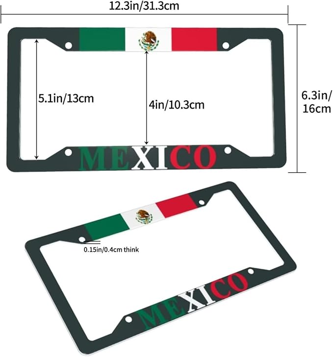 Mexican Flag License Plate Frames Personalized Flag Decoration Car Tags Aluminum Metal License Plate Covers Customized Mexican Flag License Plate Holders for Men and Women with Screw Nut(2Pcs)
