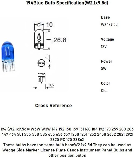 100 Pack 194B Bulb 194 Blue Side Marker Light Bulbs 2825 168 158 12961 W5W 12v 5w T10 Wedge Auto lighting For Car Dome Map Door Courtesy Step License Plate