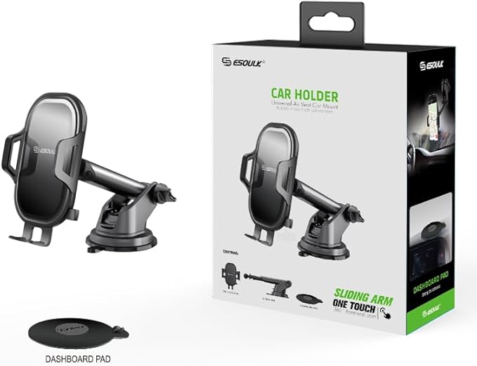 Esoulk 360° Rotating Windshield & Dashboard Car Phone Holder – Strong Suction Cup, Adjustable Long Arm, Secure Grip, Compatible with iPhone, Samsung, Android, GPS (Dash (Slide Arm))