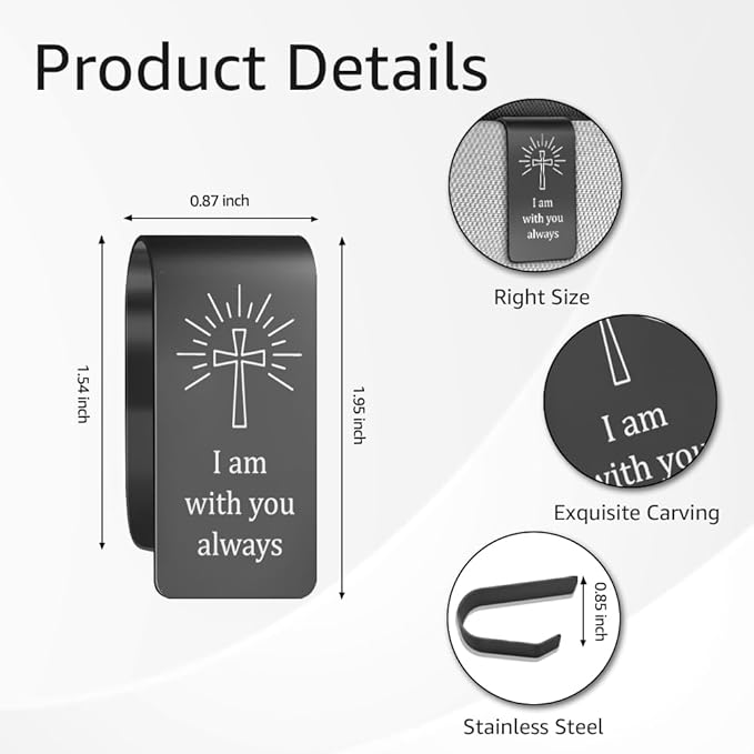 I Am with You Always Engraved Black Stainless Steel Car Visor Clip, Prayer Cross Sun Visor Clip for Religious Believers, Sweet 16 Gifts, Safe Driving Gifts for New Drivers Family Friend