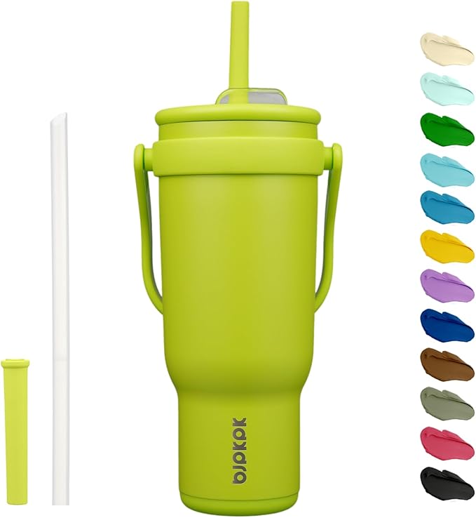 BJPKPK 40 OZ Insulated Travel Tumbler with Handle and Straw, Stainless Steel Water Bottle, Double Wall Vacuum Insulated Mug, for Work, Car, Travel, Bright Green