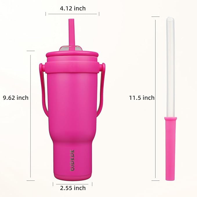 BJPKPK 40 OZ Insulated Travel Tumbler with Handle and Straw, Stainless Steel Water Bottle, Double Wall Vacuum Insulated Mug, for Work, Car, Travel, Rose Red