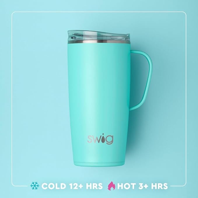 Swig Life 22oz Travel Mug, Insulated Tumbler with Handle and Lid, Travel Coffee Mug, Cup Holder Friendly, Stainless Steel 22 oz Tumbler, Reusable Insulated with Lid (Blue Lagoon)