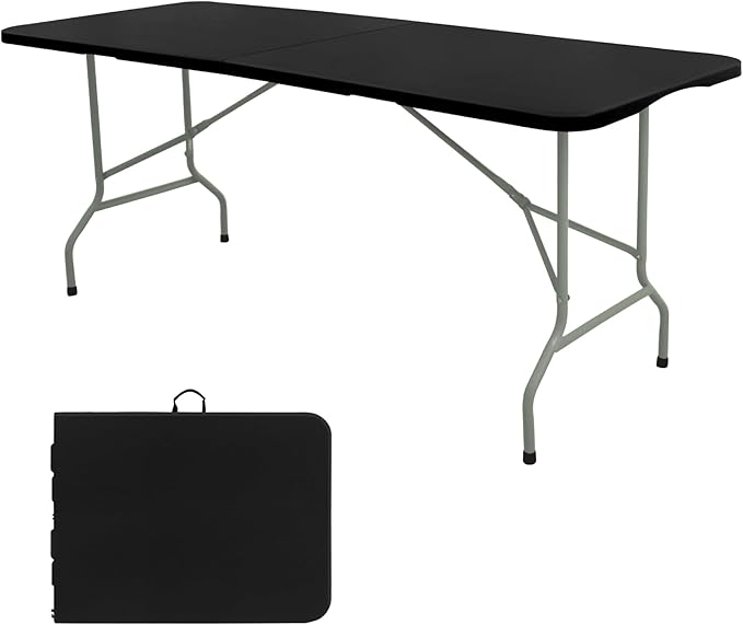 Folding Table 8 FT Camping Table Portable Heavy Duty Plastic Rectangular Outdoor Dining Table Steel Legs Fold-in-Half with Carrying Handle for Indoor,Picnic,Party,Wedding,Events(Black)