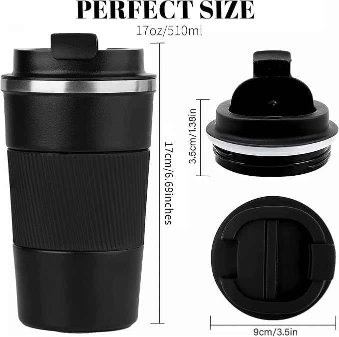 YINBAOGE Insulated Travel Coffee Mug, Spill & Leak Proof, Portable To Go Camping Stainless Steel Coffee Tumbler, Reusable Thermal Coffee Cup with Lid for Hot & Cold Drinks (Black, 17 OZ)