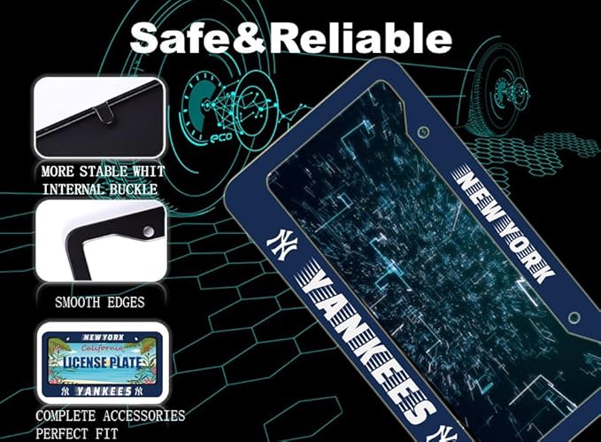 2 Pack Blue Yankees Design License Plate Frame Durable New York Baseball Team Decorative Stainless Steel Car License Plate Cover for Men Women Boys Girls Fans 12 X 6 Inch
