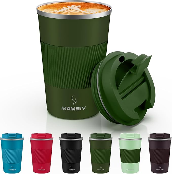 MOMSIV 12oz Travel Mug, Insulated Coffee Cup with Leakproof Lid, Vacuum Stainless Steel Double Walled Reusable Tumbler for Hot and Cold Water Coffee and Tea In Travel and Car Armygreen 380ML