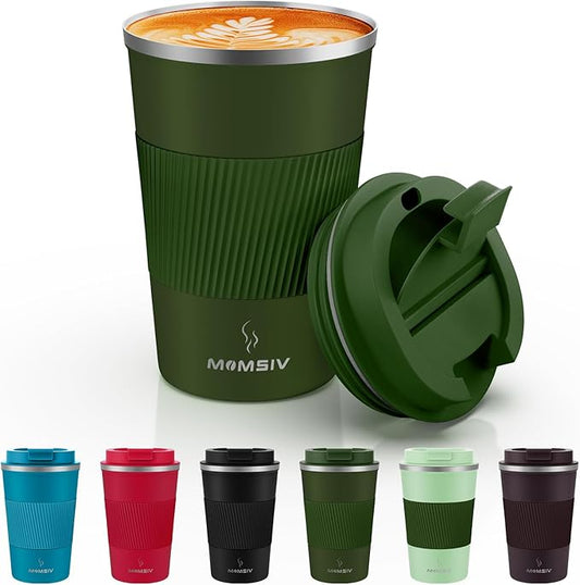 MOMSIV 12oz Travel Mug, Insulated Coffee Cup with Leakproof Lid, Vacuum Stainless Steel Double Walled Reusable Tumbler for Hot and Cold Water Coffee and Tea In Travel and Car Armygreen 380ML