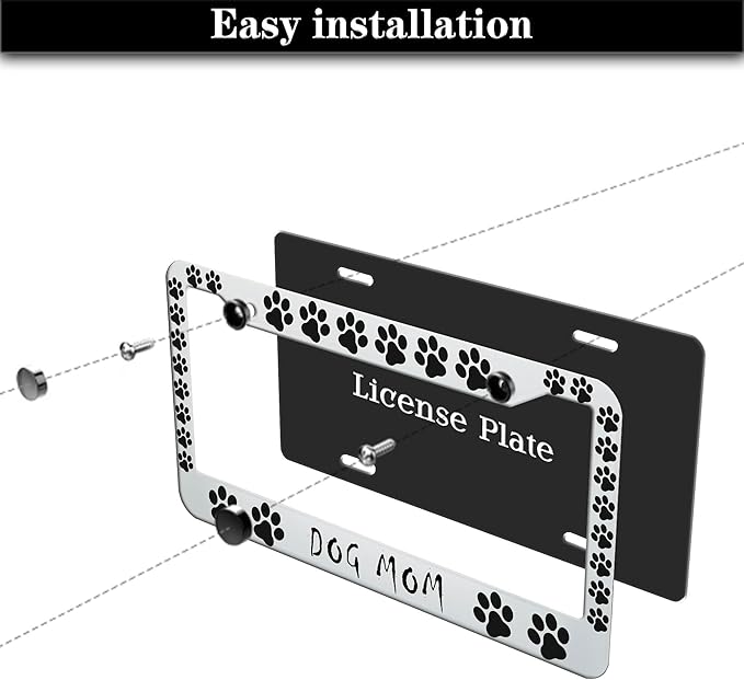 Fun License Plate Frame Cover Black and White License Plate Frames Dog Mom Dog Lover Aluminum Metal Car Accessory 2 Pack with Screw Covers Set