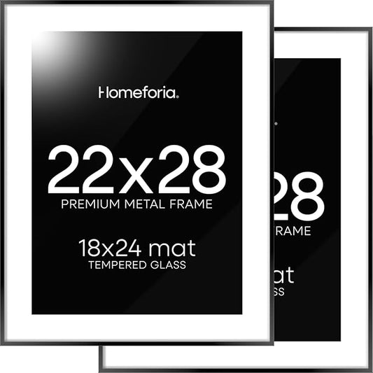 Homeforia 22x28 Poster Frame Black, High End Metal 22 x 28 Large Picture Frames with Mat 18 x 24 for Photo, 22x28 Thin Frame Matted to 18x24 inch Print, 28x22 Frame, Tempered Glass, Wall Kit, Set of 2