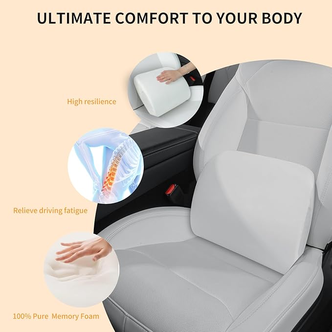 Memory Foam Lumbar Support Pillow for Tesla Model 3 Model Y Model S/X Cybertruck Model 3 Hidden Model Y Juniper Accessories - Mid/Lower Back Support Cushion for Car Seat (White)