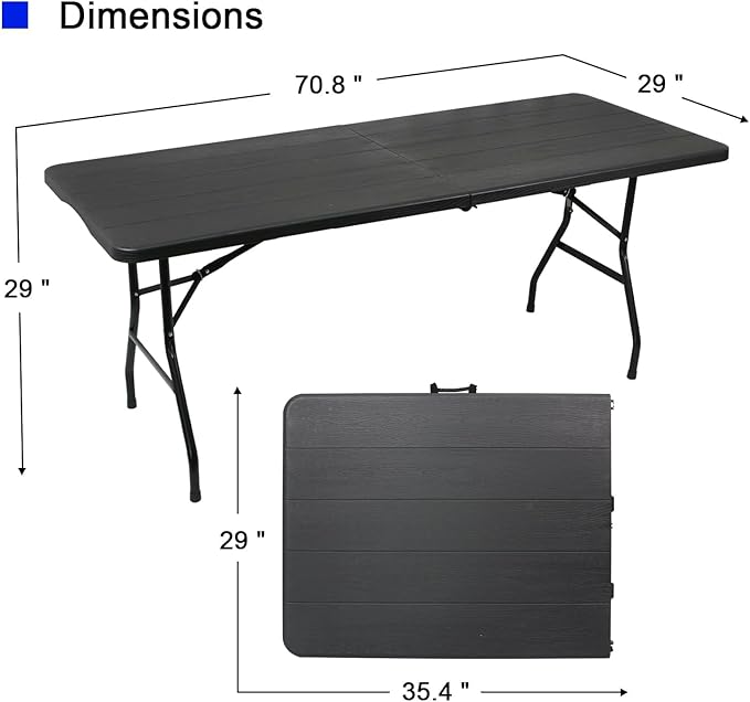2-PCS 70.8" W X 29" D X 29" H - 6 ft Black Folding Table Heavy Duty Portable, Plastic Folding Utility Folding Table for Camping, Picnics & Parties