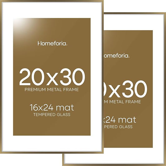 Homeforia 20x30 Picture Frame Bronze, High End Metal 20 x 30 Large Poster Frames with Mat 16 by 24 for Photo, 20x30 Brass Frame Matted to 16x24, 30x20 Hanging Frame, Tempered Glass, Wall Kit, Set of 2