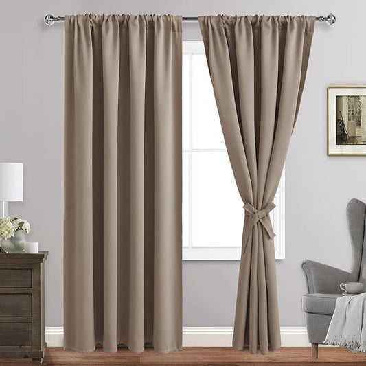 JIUZHEN Blackout Curtains for Bedroom - Thermal Insulated Room Darkening Noise Reducing, 60 x 96 Inch Length Curtains for Living Room, Set of 2 Panels with Tiebacks, Camel