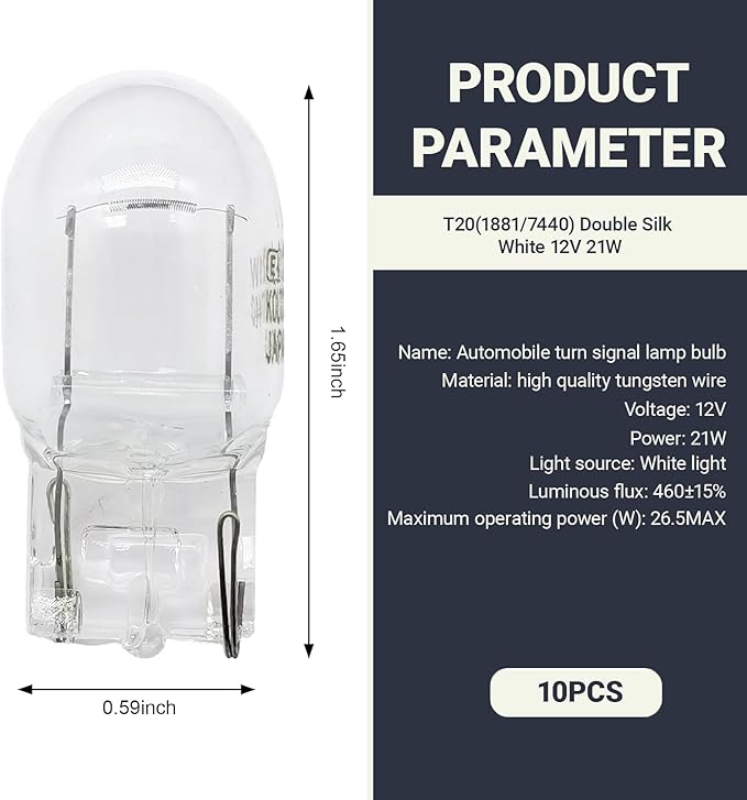 10 PCS Car T20 1881/7440 Turn Signal Bulb, Waterproof Lamp Housing Single Filament Bulb, Miniature Light Reverse, Parking, Tail Light, Plug and Play, Replacement for Cars, Trucks, SUVs (White)