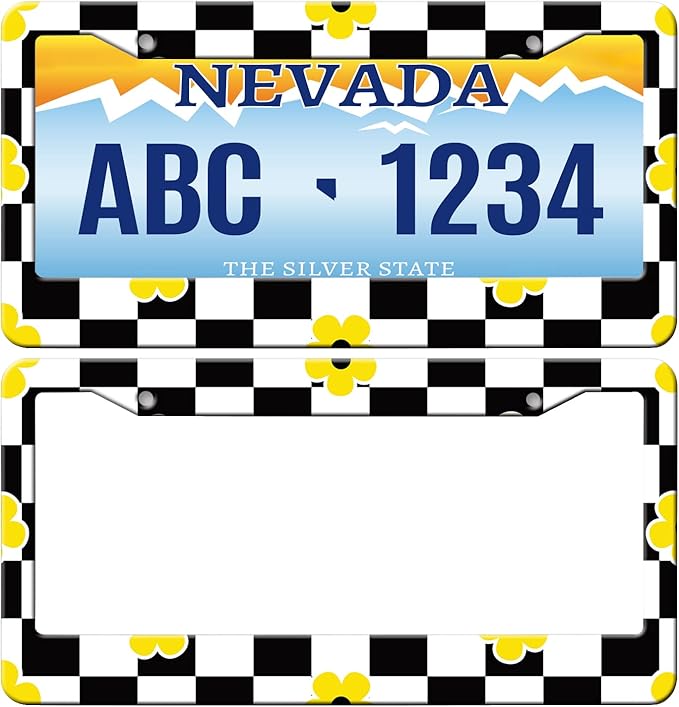 MIOAOSRT Daisy Flower with Check Plaid License Plate Frame White Black Doodle License Plate Cover Car Tag Holder Metal License Plate Frame Fits Standard U.S.Vehicles 12x6 Inch