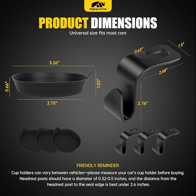 MIKKUPPA Car Seat Headrest Hook & Cup Holder Coaster - 4 Pack Universal Hanger Storage Organizer Hook for Bag Purse Coat, Non-Slip Silicone Cup Holder Insert, Car Essentials Interior Accessories