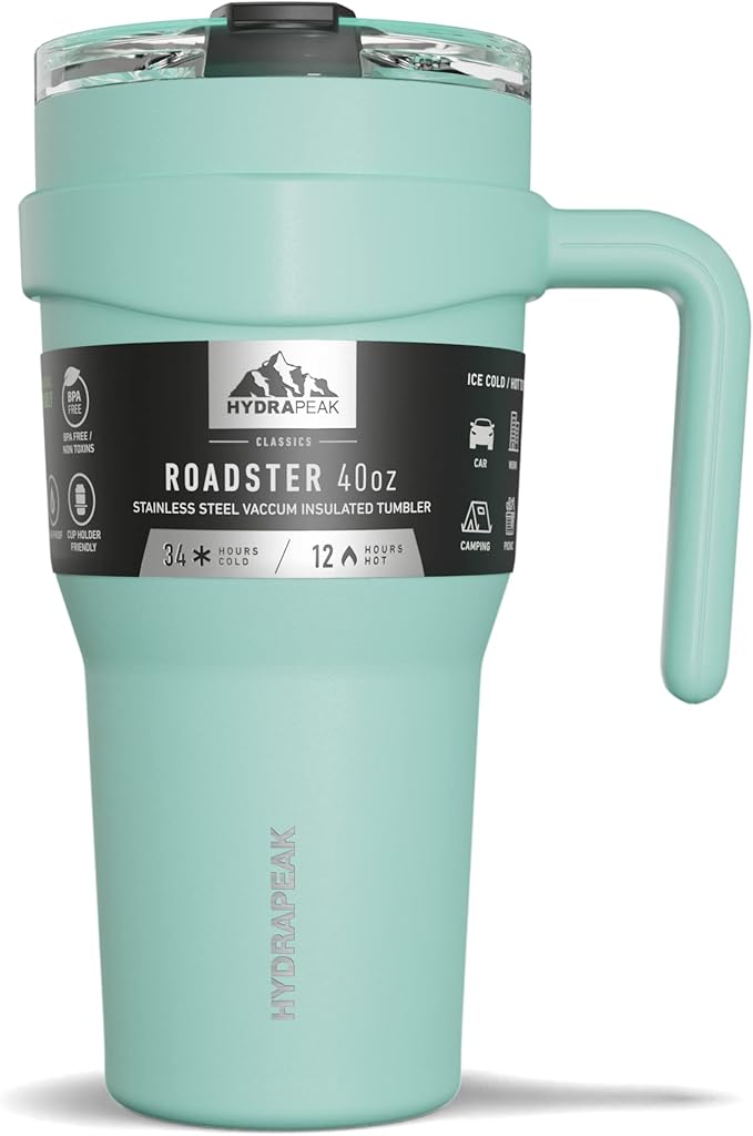 Hydrapeak Roadster 40oz Stainless Steel Tumbler Double Wall Vacuum Insulated Water Bottle With Handle And 2 in 1 Straw Lid (Aqua)