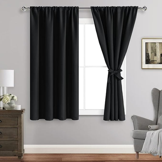 JIUZHEN Blackout Curtains for Bedroom - Thermal Insulated Noise Reducing Privacy Short Curtain for Bathroom Living Room, Set of 2 Panels with Tiebacks, 42 x 45 inches Long, Black