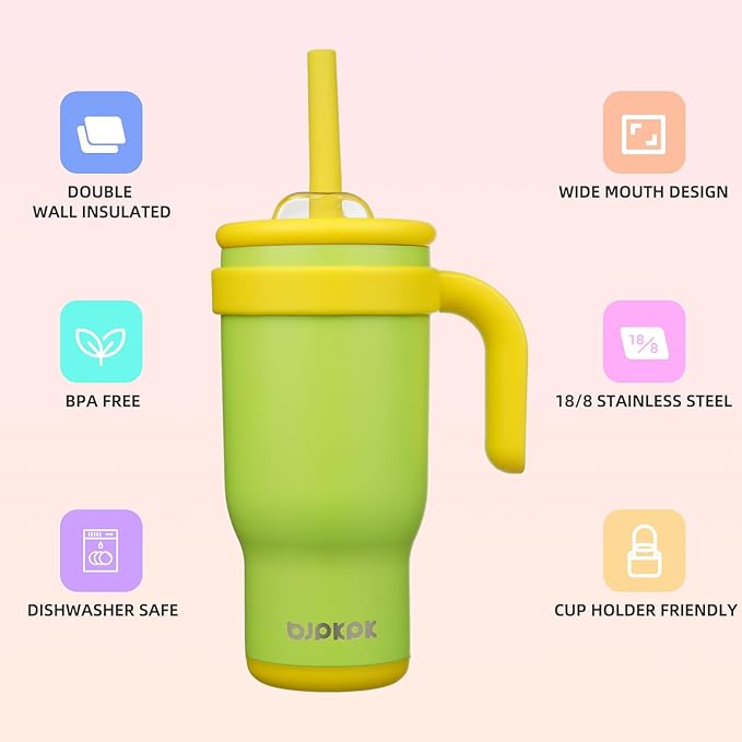 BJPKPK 18 OZ Insulated Travel Tumbler with Handle and Straw, Stainless Steel Water Bottle, Double Wall Vacuum Insulated Mug, for Work, Car, Travel, Green