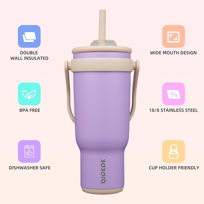 BJPKPK 40 OZ Insulated Travel Tumbler with Handle and Straw, Stainless Steel Water Bottle, Double Wall Vacuum Insulated Mug, for Work, Car, Travel, Purple
