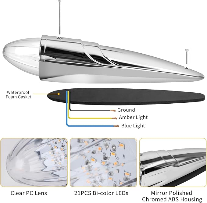 1PC 21 LED Dual Color Chrome Cab Marker Light, Torpedo Cab Marker Roof Running Top Lights, Replacement for Heavy Duty Trucks Kenworth Freightliner Peterbilt International Mack, Amber/Blue