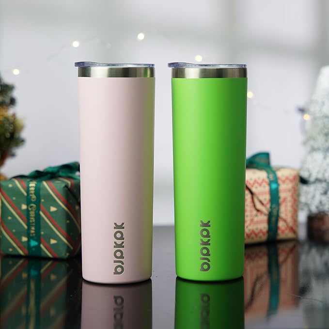 BJPKPK 20 oz Skinny Tumbler with Lid 2 Pack Slim Insulated Travel Coffee Cup Stainless Steel Thermal Mug,Green,Light Pink