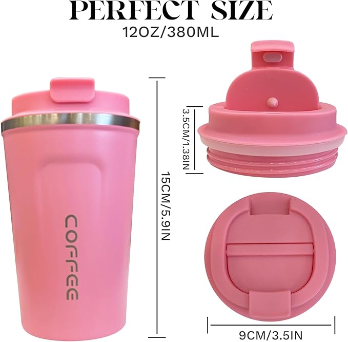 YINBAOGE Insulated Travel Coffee Mug, Spill & Leak Proof, Portable To Go Camping Stainless Steel Coffee Tumbler, Reusable Thermal Coffee Cup with Lid for Hot & Cold Drinks (2nd-Pink, 12 OZ)