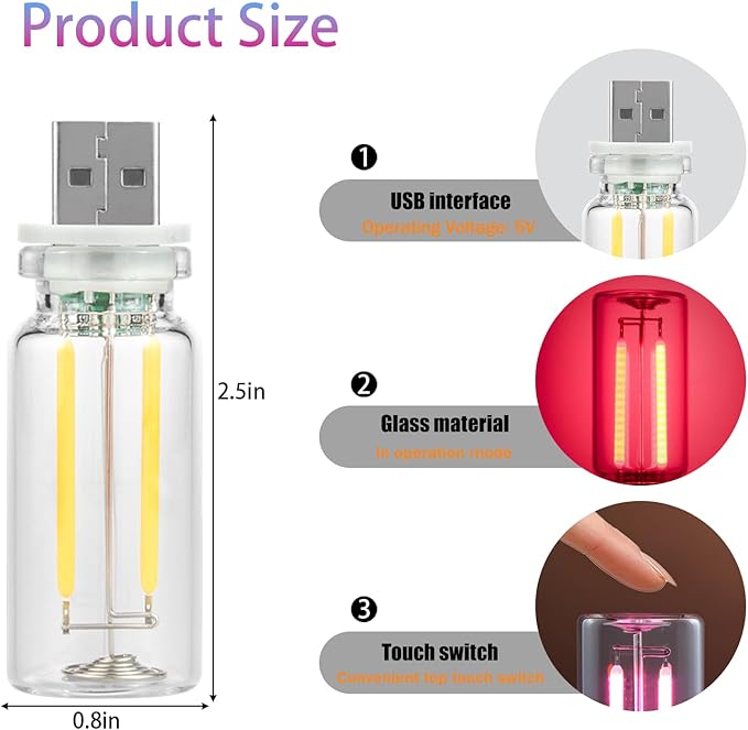 1 Pack Car LED Lights Interior, USB Light for Car Decor & Bedroom, Touch Dimmable Ambient Lighting, Mini Glass Bottle Night Light for Camping Gifts-White