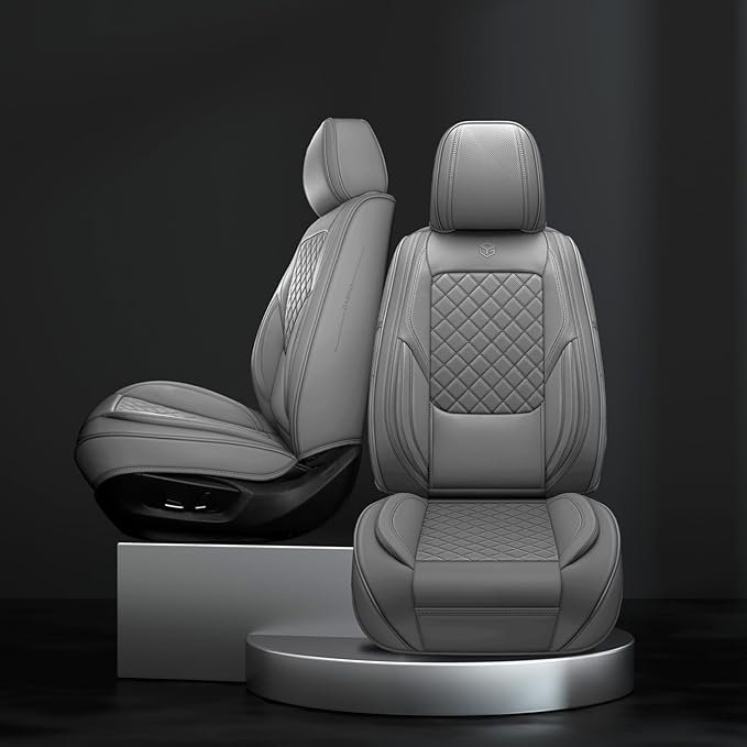 Premium Leather Car Seat Covers, Universal Fit for Cars SUVs Trucks and Sedans, Waterproof Car Seat Cushion with Airbag Compatible & Scratch-Resistant, Grey Seat Covers for 5 Seats