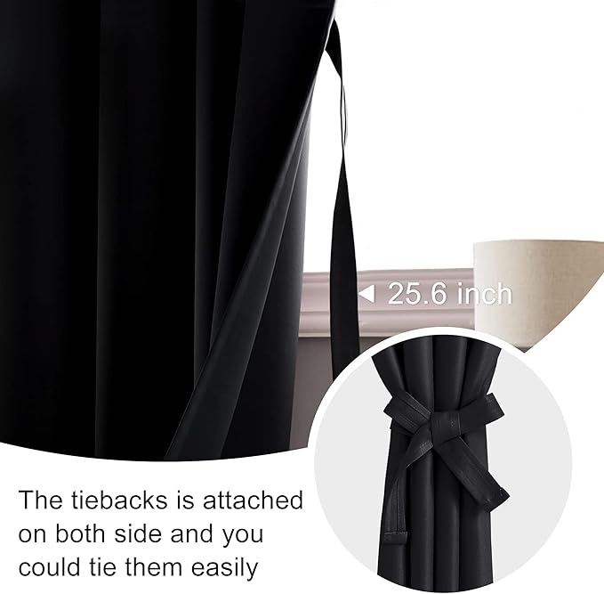 JIUZHEN Blackout Curtains for Bedroom - Thermal Insulated Room Darkening Rod Pocket Curtains for Living Room, Set of 2 Panels with Tiebacks, 38 x 72 Inch Length, Black