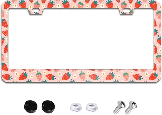 Strawberry and Flower License Plate Frame Cute Fruit License Plate Frames Aluminum Car Accessories Cover with 2 Holes and Screws 12 x 6 Inch for Front Rear Car Plate Decor for Women Men