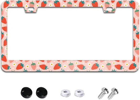 Strawberry and Flower License Plate Frame Cute Fruit License Plate Frames Aluminum Car Accessories Cover with 2 Holes and Screws 12 x 6 Inch for Front Rear Car Plate Decor for Women Men