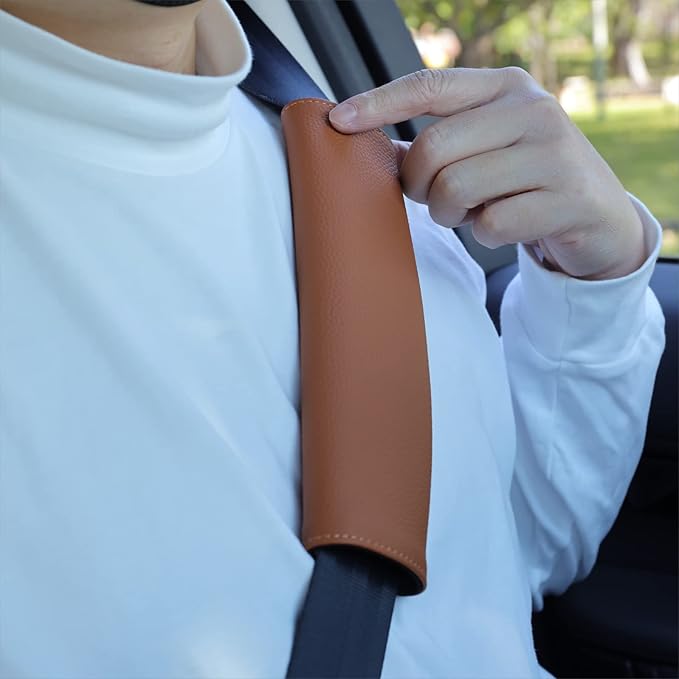 Car Seat Belt Covers for Adults Soft Leather Seatbelt Shoulder Pad Neck Cushion Protector Comfortable Driving Car Accessories Truck SUV Airplane Backpack (SC01Brown-12.4in-1Pack)