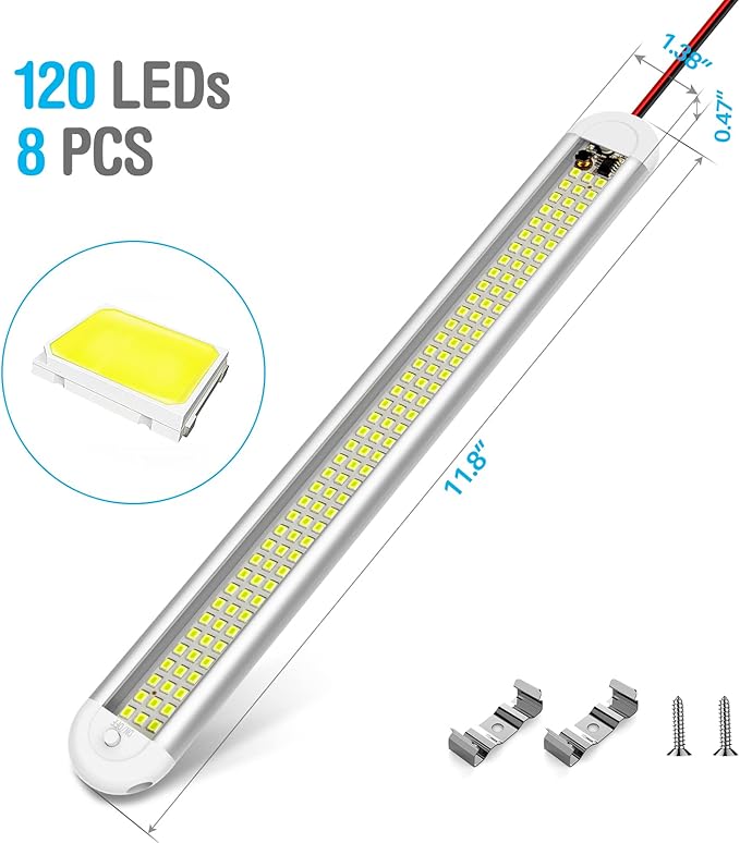 CT CAPETRONIX 12v LED Interior Light Bar, 120LEDs 1500LM 8W DC 12 Volt led Strip Lights with ON/Off Switch, for Enclosed Cargo Trailer, Car RV Van Truck Lorry Camper Boat Caravan Motorhome (8Pack)