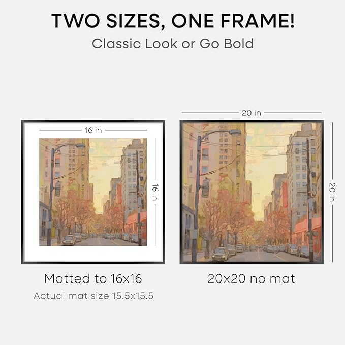 Homeforia 20x20 Picture Frame Black, High End Metal 20x20 Square Poster Frame Matted to 16x16 Print, 20 x 20 Black Frames with Mat 16 x 16 Photo, 20by20 Thin Frames, Tempered Glass, Wall Kit, Set of 2
