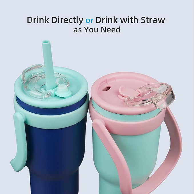 BJPKPK 30 OZ Insulated Travel Tumbler with Handle and Straw, Stainless Steel Water Bottle, Double Wall Vacuum Insulated Mug, for Work, Car, Travel, Guava