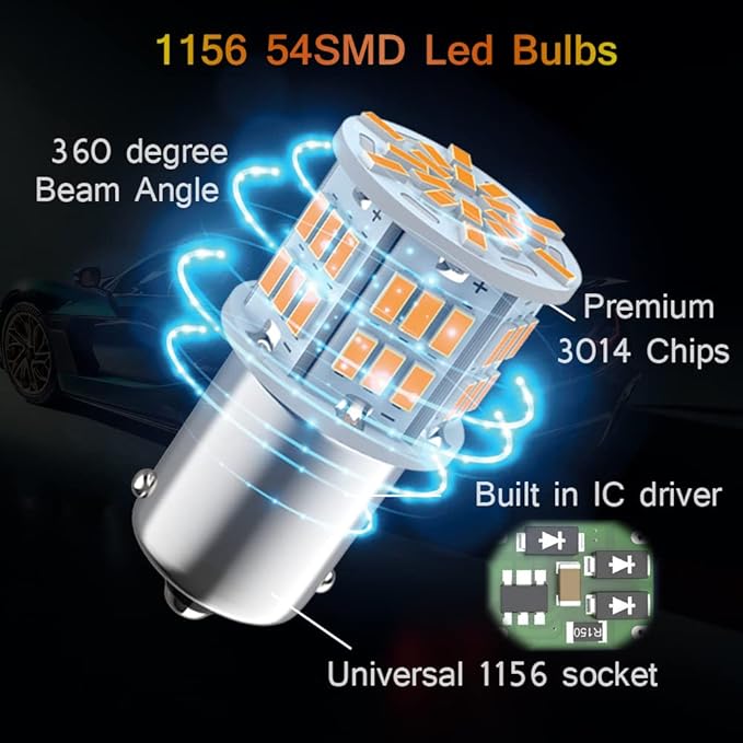 1156 Bulb Amber Yellow, 1141 1003 BA15S Led, 12V-24V 54-SMD 3014 Chips LED Bulbs for RV Camper Trailer Trunk Vehicle Interior Lights Tail Backup Reverse Lights Parking Lights 4pcs