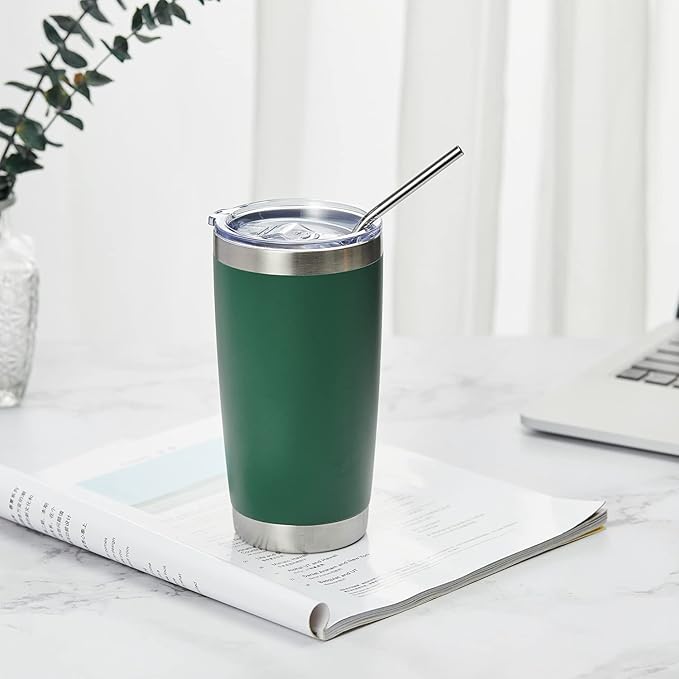 COMOOO 20oz Tumbler Bulk Double Wall Vacuum Insulated Travel Mug, Stainless Steel Tumbler with Lid and Straw Durable Powder Coated Insulated Coffee Cup for Cold & Hot Drinks (Dark Green, 2 pack
