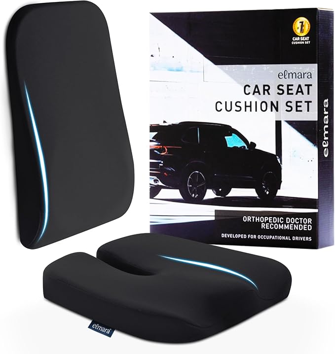 Elmara Car Seat Cushions for Driving – Car Seat Back Support, Driver Seat Cushion and Back Cushion for Car, Pillow for Driving Seat – The Ultimate Comfort Solution for Cars (Ink Black)