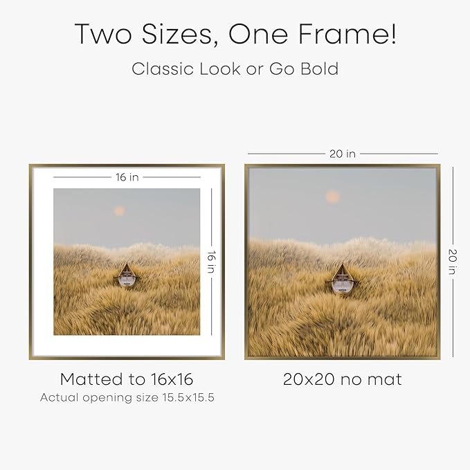Homeforia 20x20 Picture Bronze Frames, High End Metal 20 x 20 Square Poster Frame with Mat 16 x 16 Photo, 20x20 Brass Frame Matted to 16x16 Print, 20by20 Thin Frames, Tempered Glass, Wall Kit, Set of 4