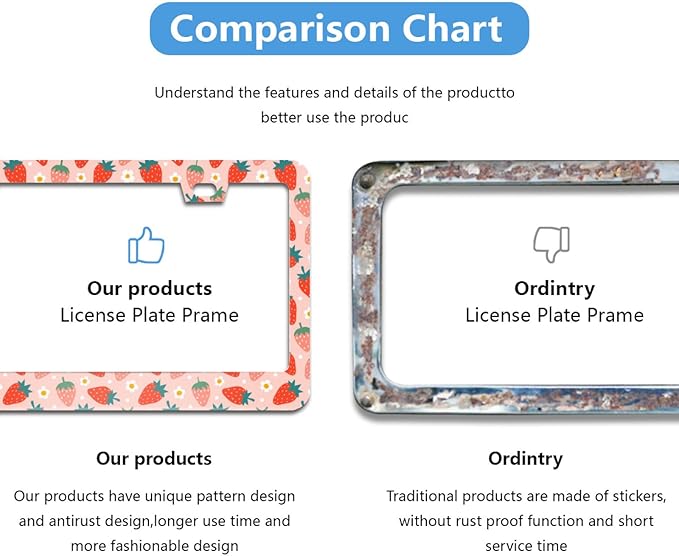 Strawberry and Flower License Plate Frame Cute Fruit License Plate Frames Aluminum Car Accessories Cover with 2 Holes and Screws 12 x 6 Inch for Front Rear Car Plate Decor for Women Men