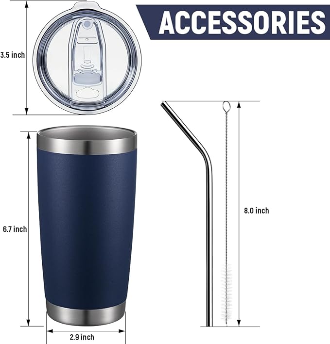 COMOOO 20oz/8Pack Double Wall Vacuum Insulated Coffee Travel Mug Stainless Steel Tumbler Bulk with Lid and Straw Durable Powder Coated Insulated Coffee Cup for Cold & Hot Drinks, Navy, 8 Pack