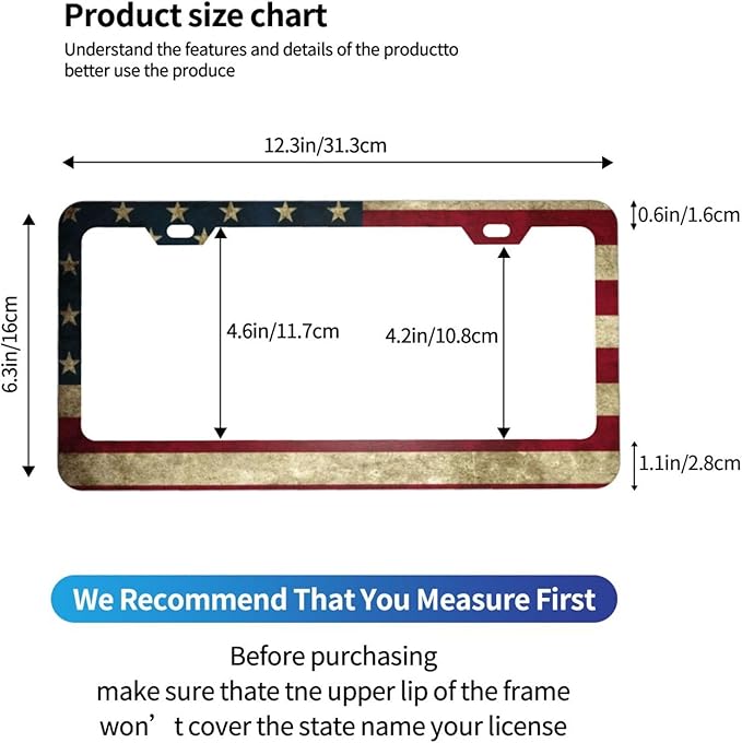Patriotic License Plate Frame,American Flag License Plate Frame,Flag License Plate Frame US Car Tag Frames Holders Covers Stainless Aluminum 2 Pack 2 Holes Car Accessories