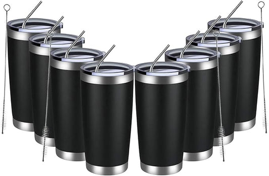 MEWAY 20oz Tumbler 8 Pack Double Wall Vacuum Insulated Travel Mug Bulk, Stainless Steel Tumblers with Lid and Straw, Durable Powder Coated Coffee Cups for Cold & Hot Drinks (Black, 8)