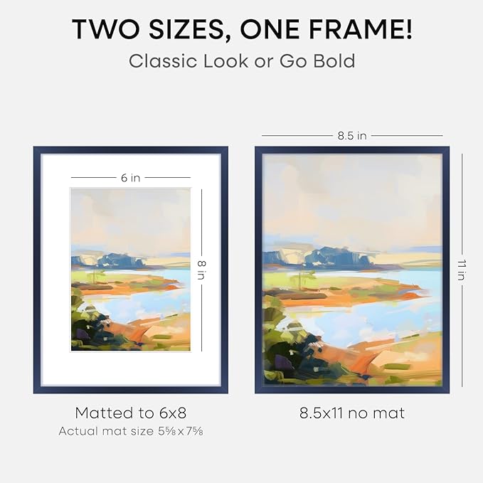 Homeforia 8.5x11 Navy Blue Frame, High End Metal 8.5 x 11 Picture Frames with Mat 6 by 8 inch Photo, 11x8.5 Poster Frame Matted to 6x8 Print, Wall or Tabletop Frame, Tempered Glass, Wall Kit, Set of 1