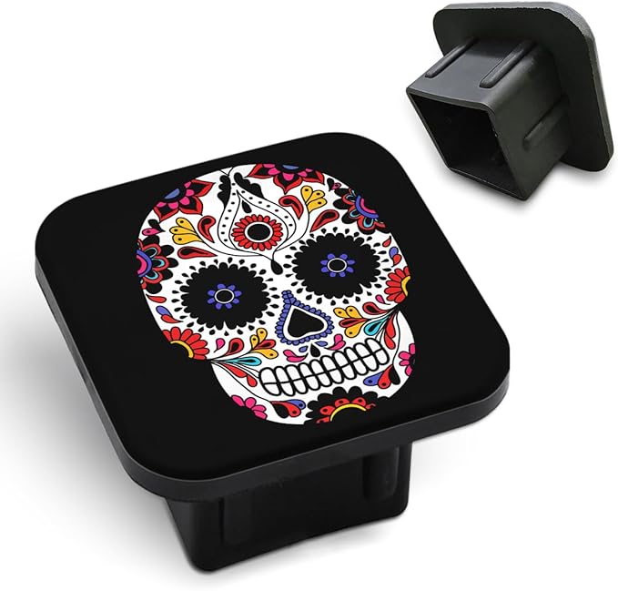 Sugar Skull 2 Receiver Hitch Cover Halloween Decorated Skull Floral Black Soft Rubber Protects Hitch Tube Rear Trailer Hitch Cover Universal Fits 2" Receivers for Men Women
