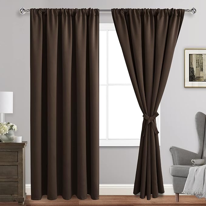 JIUZHEN Blackout Curtains for Bedroom - Thermal Insulated Room Darkening Noise Reducing, 70 x 84 Inch Length Curtains for Living Room, Set of 2 Panels with Tiebacks, Brown