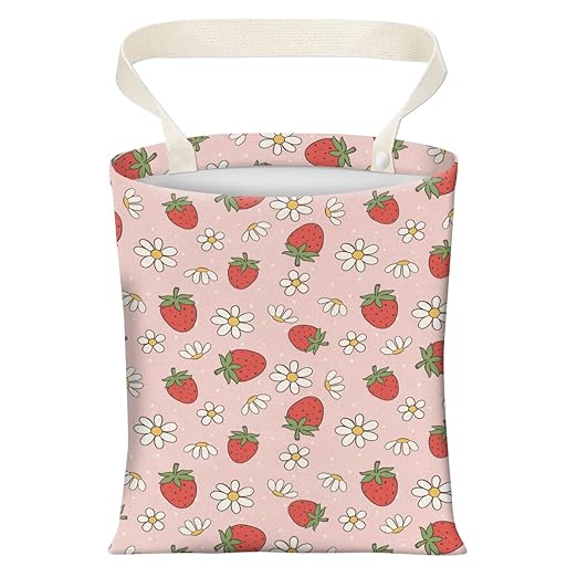 Cute Car Trash Can, Hanging Canvas Car Back Seat Organizer and Storage Bag, Funny Car Trash Bag For Travelling, Outdoor Cute Pink Strawberry Flowers